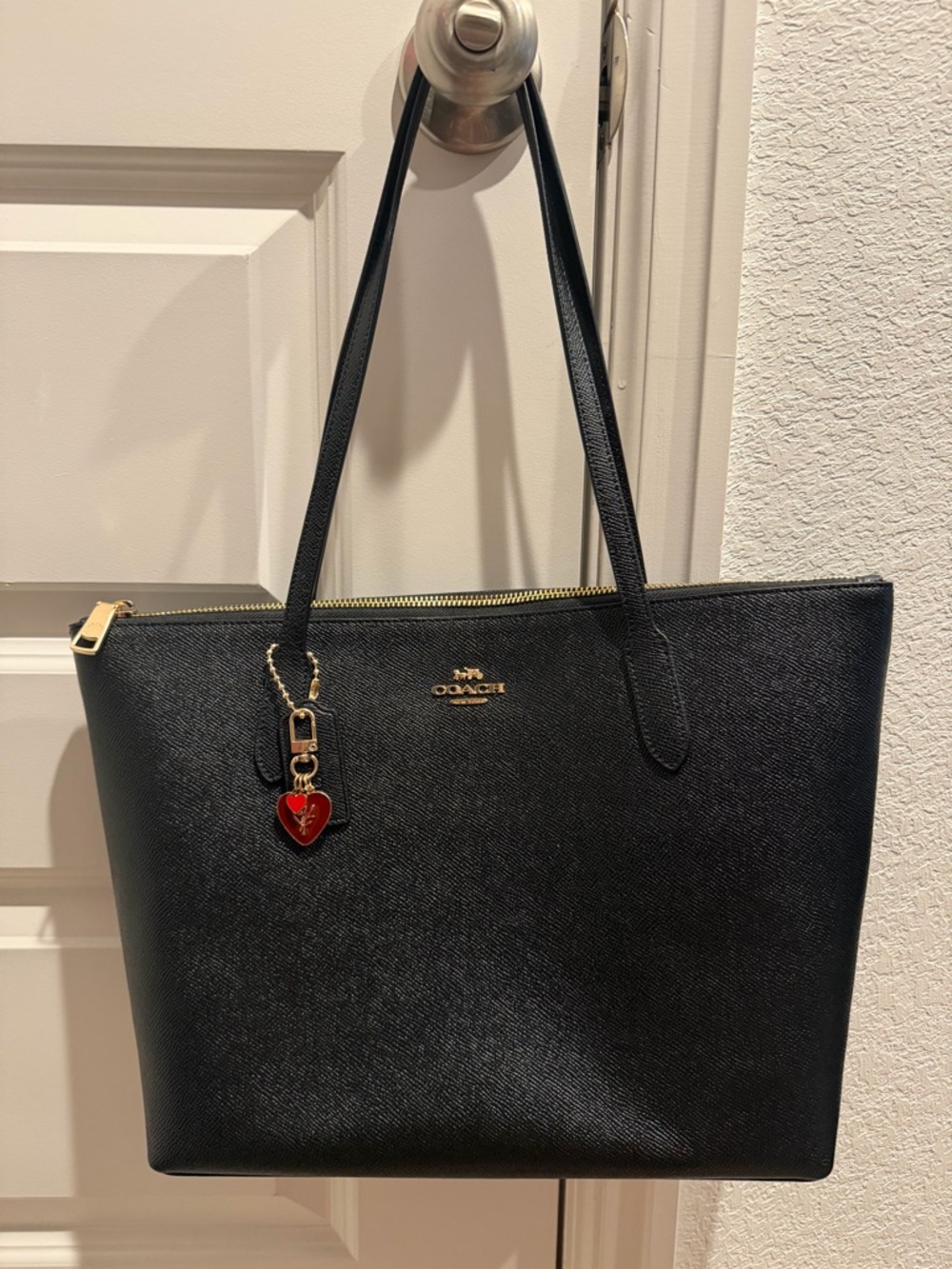 Coach Black Zip Top Tote with Red Heart Charm